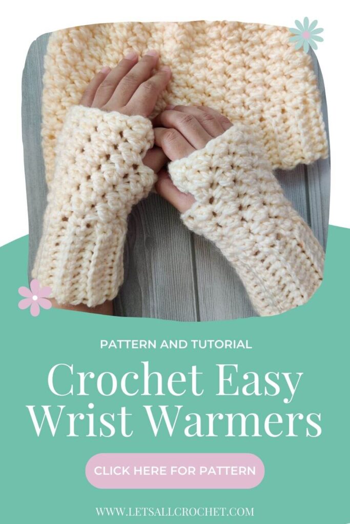 text overlay reads crochet easy wrist warmers and picture shows white winter fingerless gloves worn by aki lying over the white winter hat against a grey stripped background