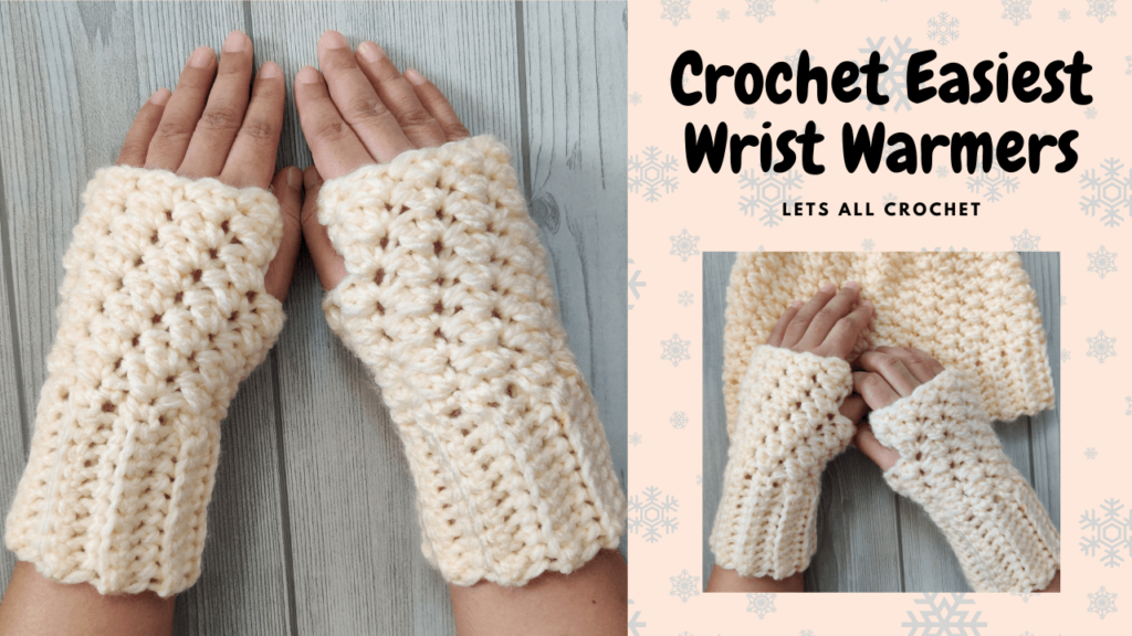 crochet wrist warmers worn by aki, two images seen both with grey background and one shows a hat in background