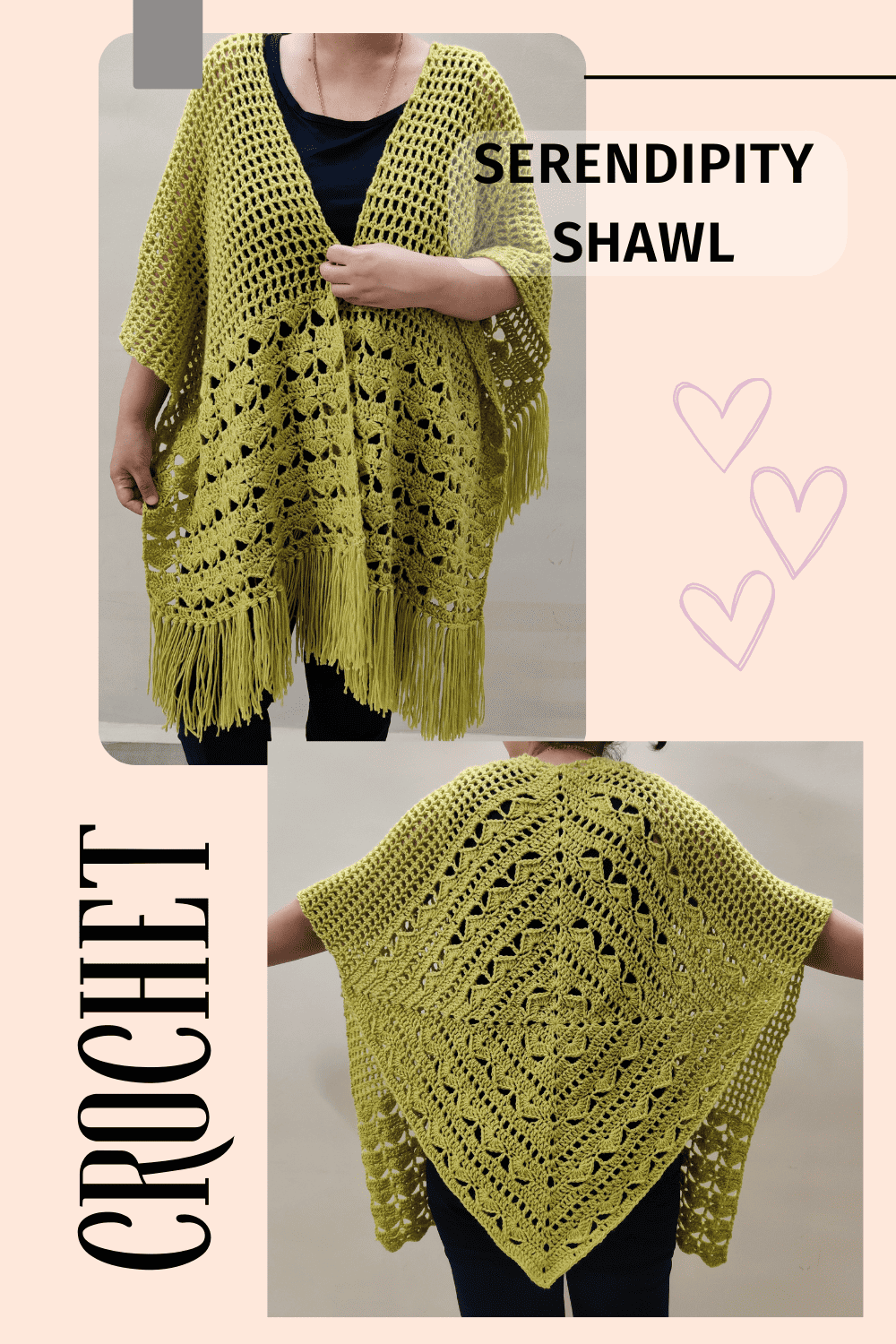 crochet shawl front view and back view. the shawl is pistachio shade with fringes and the back panel is diamond in shape