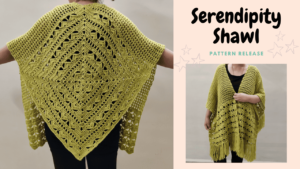 picture of serendipity shawl back and front view with text overlay serendipity shawl pattern release