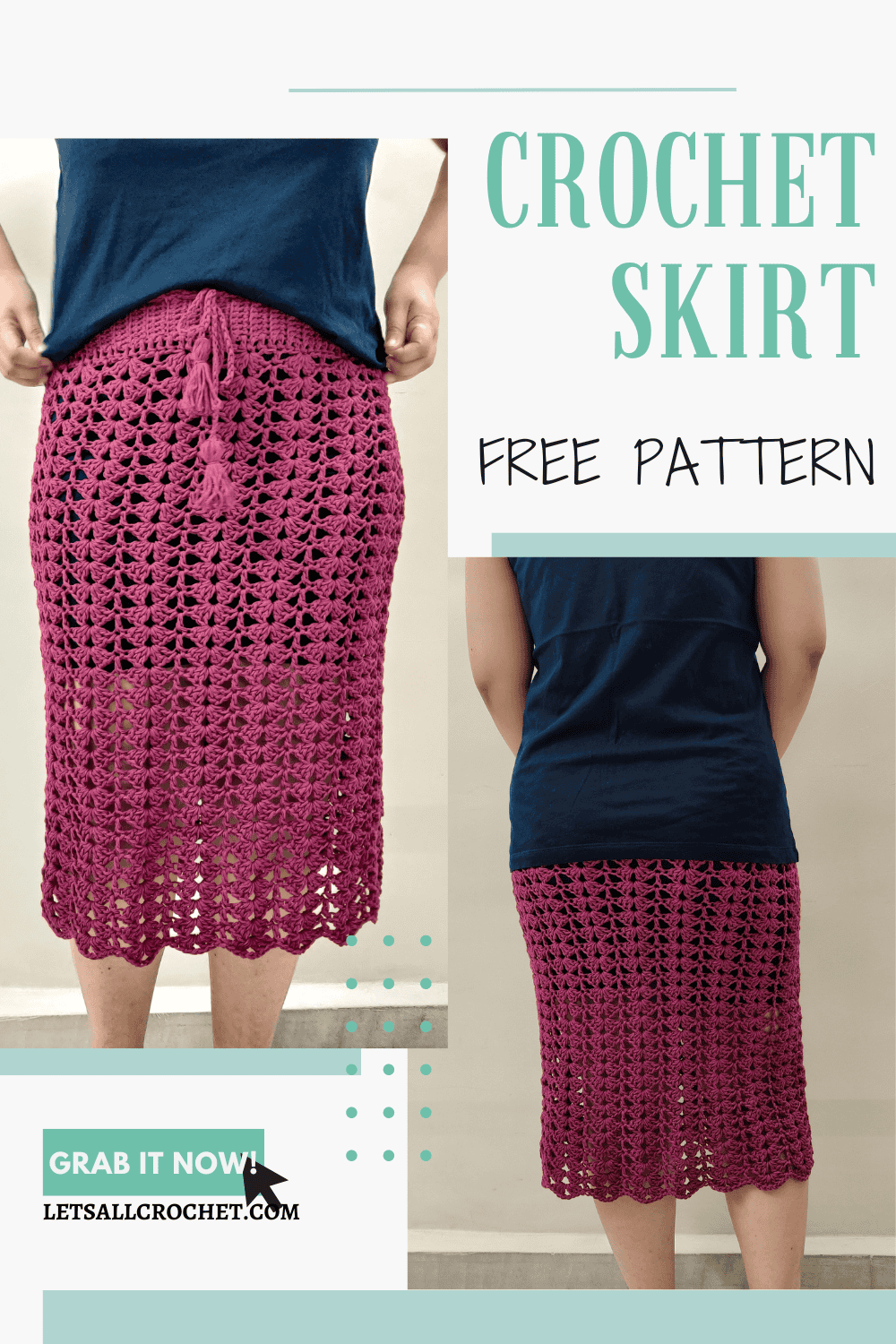 the weekend skirt front and back view with the text overlay crochet skirt free pattern