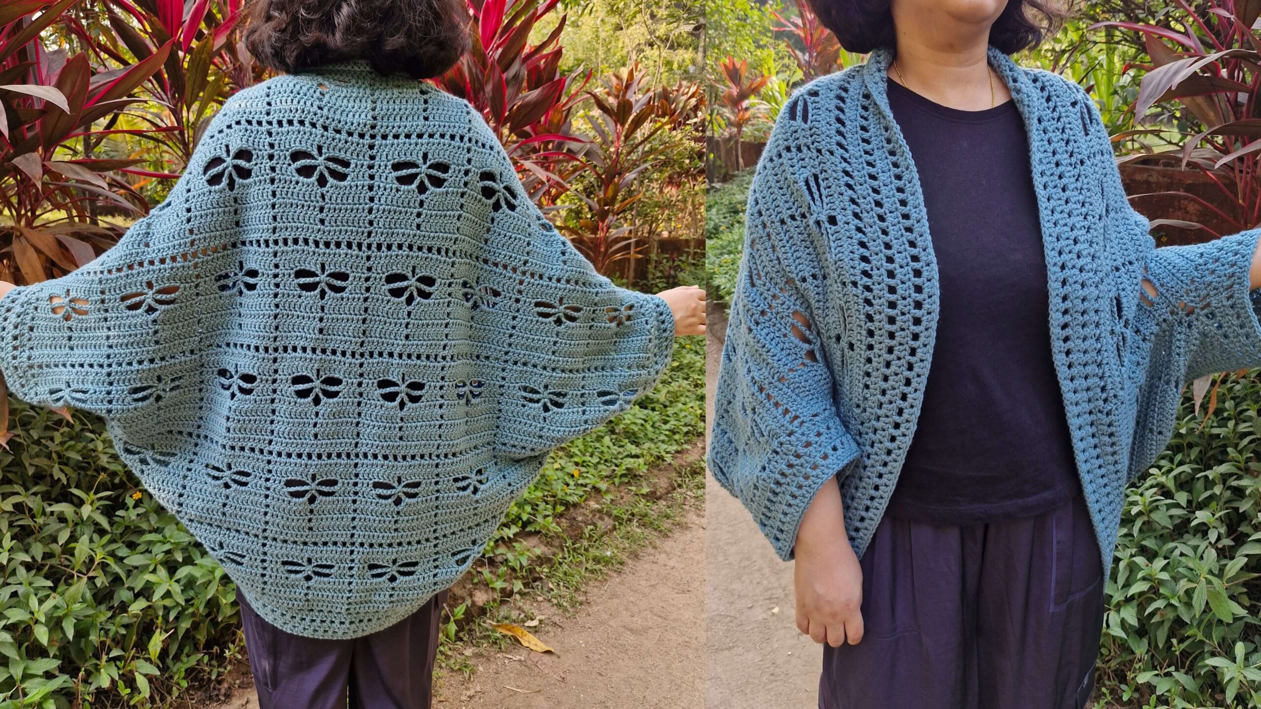 i am standing in the garden wearing the gardenfly shrug front and back view